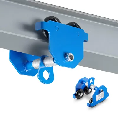 Immagine prodotto di VEVOR: Gruppo di scorrimento manuale con portata di 499 kg, ideale per travi a I, carrello per officina, magazzino, fabbrica. Larghezza del flangio regolabile da 53 a 140 mm, ruote doppie da 80 mm, struttura Acciaio al carbonio
