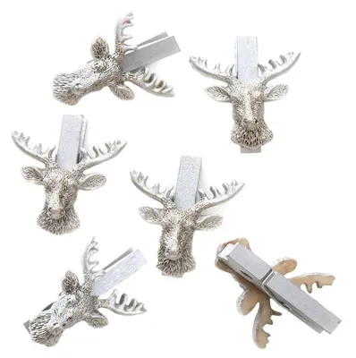 Produktbild von 12 Stück kleine SILBER-farbene Zier-Klammern HIRSCH-KOPF HIRSCH-GEWEIH - Deko-Klammern Holz-Klammern Mini-Klammern Weihnachtsklammern Mini-Wäscheklammern als Deko Weihnachten