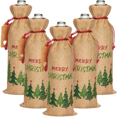 Image de BRUBAKER Sac à vin pour Noël - Merry Christmas Vert/Rouge - 36 cm x 17 cm Sac en jute - Sac à vin pour le vin et le champagne - Sac à bouteille, 5 pièces