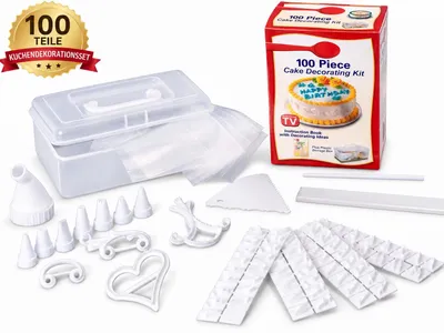 Produktbild von 100-teiliges Kuchendekorationsset mit Spritztüllen, Spritzbeuteln, Buchstaben Zahlen Stempel, Ausstechformen, Teigschaber & Box – Tortendeko Set für Kuchen Cupcakes Fondant