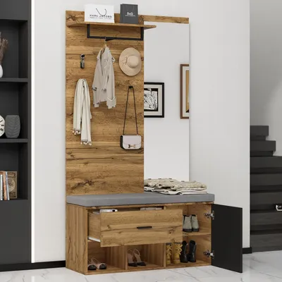 Imagen del producto de Conjunto de armario con espejo y zapatero, de 104x39x190 cm, en color roble, fabricado en tablero de partículas. Incluye zapatero, cajón, estante y ganchos para abrigos, ideal para la entrada