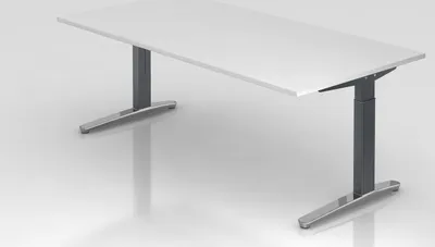 Produktbild von Schreibtisch Mika | Weiß | Graues Gestell poliert | BxT 200x100cm | Arbeitshöhe 65-85cm | höhenjustierbar, 1cm Raster | C-Fuß-Gestell | Rechteckform