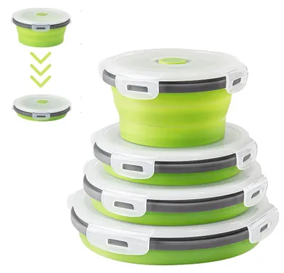 4er Set Silikon-Lunchboxen faltbar 350–1200 ml blau rund