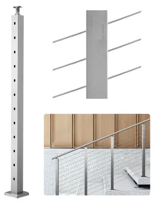 Zdjęcie produktu dla Słupek poręczy kablowej VEVOR, słupek poręczy 107x5x5 cm, z nawierconymi otworami 30°, stal nierdzewna z poziomym i zakrzywionym wspornikiem, 1 sztuka, srebrny, 1JZLGZXYS1062TLWC001V0