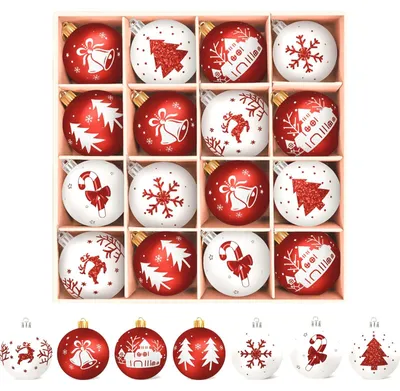 Produktbild von Set mit 16 bruchsicheren Weihnachtskugeln in Rot und Weiß