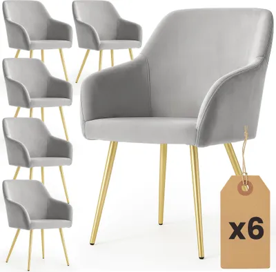 Produktbild von 6er Set Glatte Velours Esszimmerstühle ESTELLE Grau mit goldenen Beinen