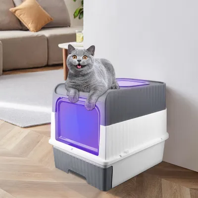 Produktbild von Katzentoilette mit UV-Schutz,Katzenklo Groß mit Ausgang von oben, Katzentoilette in Schubladenform 49x37x35cm Grau