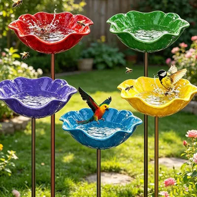 Immagine prodotto di Set da bagno per uccelli, composto da 5 elementi, con piedistallo, ideale per il giardino