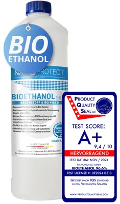 Produktbild von Nanoprotect Bioethanol 96,6% | 1 Liter | Flüssiger Ethanol Brennstoff für Indoor Kamin und Tischfeuer | Reiner Ethylalkohol als Lösungsmittel | e …, KI-generiertes Bild