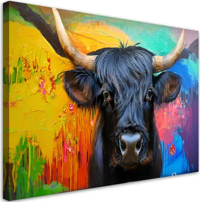 Produktbild von Leinwandbild Abstrakt Schottische Kuh auf buntem Hintergrund 90x60 Feeby Bunt bild für die wand bereit zum aufhängen