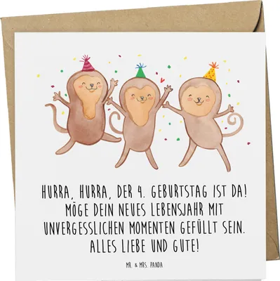 Produktbild von Mr. & Mrs. Panda Klappkarte 4. Geburtstag Feiern - Weiß - Geschenk, doppelkarte, Geburtstagsglück, anlasskarte, Geburtstagsgeschenk, Grußkarte, faltkarte, Hurra