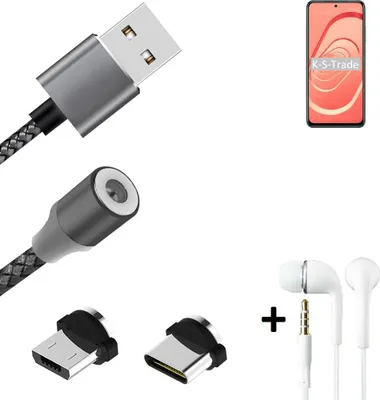 Produktbild von K-S-Trade® Hochwertiges Magnet-Lade-kabel Sync-Kabel Daten-Kabel + Kopfhörer kompatibel mit Xiaomi Redmi Note 10 mit USB-Typ-C-Anschluss und