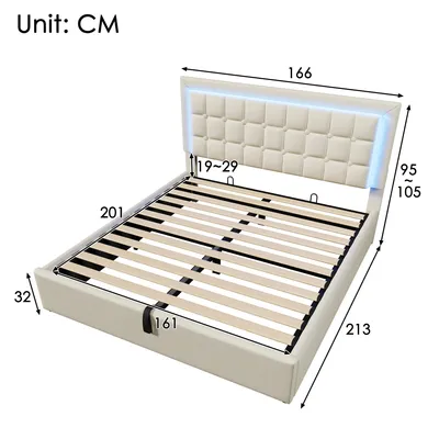 Immagine prodotto di Letto imbottito 160 x 200 cm con rete a doghe, vano contenitore, striscia LED, Pelle finta, bianco