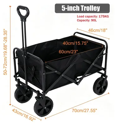 Zdjęcie produktu dla Składany wózek kempingowy - wózek transportowy do użytku podczas kempingu - koła o średnicy 12,7 cm - pojemność 90 litrów - stabilna konstrukcja - wykonany z tkaniny - posiada uchwyty na napoje
