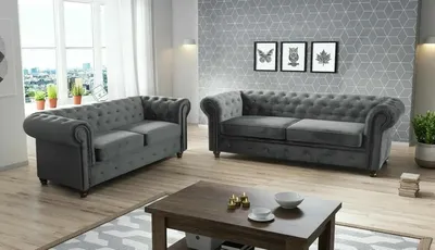 Produktbild von Easy4You Chesterfield Grau Plüsch Velvet Set 3-Sitzer + 2-Sitzer Sofa Sofas für Wohnzimmer Sofagarnituren mit Holzfüße Set Sofas & Couches