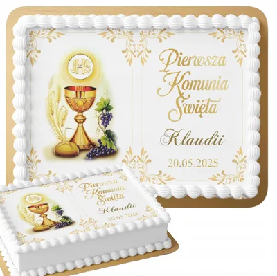 Zdjęcie produktu dla Opłatek Na Tort Prostokątny 28,7X20Cm - Pierwsza Komunia Świeta + Napis