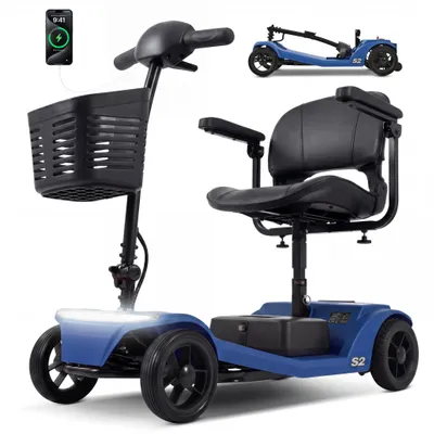 Image de Scooter électrique pour seniors, 4 roues, construction robuste, batterie 12 Ah (autonomie de 15 km), moteur 250 W, confortable et sûr, bleu