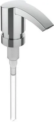 A chrome soap dispenser pump with a clear plastic tube attached.