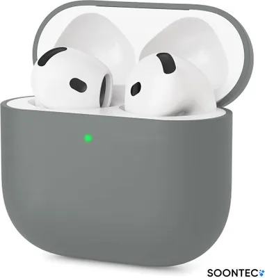 A pair of white AirPods Pro 2nd generation earbuds are shown inside a gray silicone case. The case is open, revealing the earbuds and a small green LED indicator light on the front of the case.