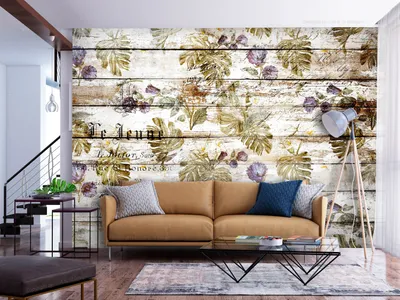 Produktbild von Vlies Fototapete Holzoptik 400x280 cm Tapeten Wandtapete XXL Bretter Retro Blumen Monstera b-A-10174-a-a