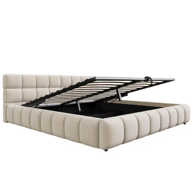 Produktbild von Merax Polsterbett 180×200cm mit LED-Lichtleiste, Bettgestell mit hydraulischem Stauraum, Doppelbett mit voluminösem Kopfteil aus Samtstoff, Beige