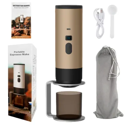 Obrázek produktu pro Přenosný kávovar Zimilo, 90 ml, 15 barů, bezdrátový, digitální displej, baterie 7800 mAh, kompatibilní s kapslemi a mletou kávou, se stojánkem, šampaňské