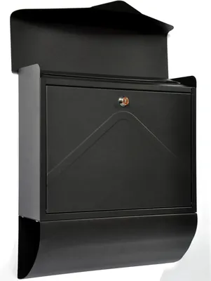 A black mailbox mounted on a white background.