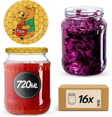 Zdjęcie produktu dla Słoiki na przetwory KADAX z pokrywką "Jukka", słoiki na dżem, słoiki na przetwory, 720 ml, Kubuś Puchatek, 16 szt