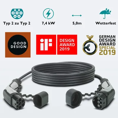 Imagen del producto de Cable de carga EV, tipo 2 a tipo 2, 32A, monofásico, 5 metros, 7,4 kW, incluye funda