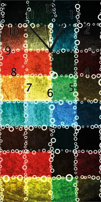 Produktbild von Wallario Design Wanduhr bedruckt, Größe 30 x 60 cm, Motiv: Buntes Patchwork-Muster mit Kreisen