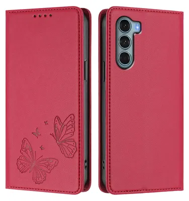Produktbild von Lederhülle für Motorola Moto G200, Schmetterling Prägung Leder Brieftasche Schutzhülle mit Ständer Rot
