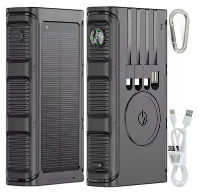A black solar power bank with multiple ports and a compass is displayed next to another view of the power bank showing its solar panel.