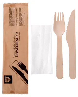 Produktbild von Holzmesser und Gabel mit Serviette 25-tlg. Set