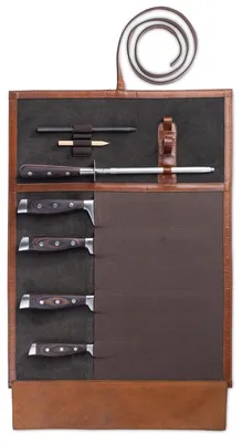 Produktbild von Messerrolle Messertasche Kochmessertasche - Leder - 7 Fächer - 50 x 38 cm - Braun und Schwarz