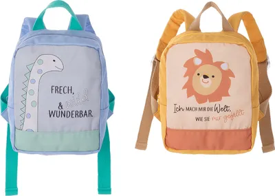 Immagine prodotto di Gilde Rucksack, "Dino&Löwe", Dinomotiv, Löwenmotiv, Spruch, Baumwolle, Polyester, Kordel, blau, gelb, L. 9 cm, B. 18 cm, H. 22 cm 52505 4063387525050 2 Stück (2-fach sortiert)