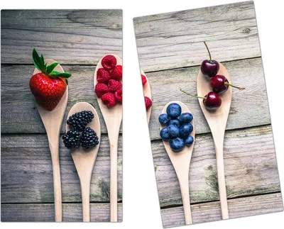 Produktbild von Spritzschutz Herdabdeckplatte Schneidebrett aus Glas Beeren auf Holzlöffel 2-Teilig (60x52cm)