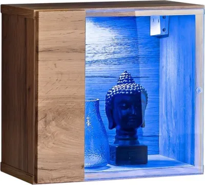 A display cabinet with a Buddha head and a vase inside, illuminated by blue LED lights.