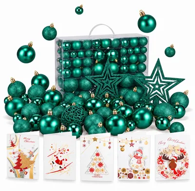 Produktbild von Weihnachtskugeln Set ONBEST Grün 128-teilig – bruchsichere Christbaumkugeln 3, 4 und 6 cm matt, glänzend und glitzernd, mit Baumspitze Stern und Aufbewahrungsbox