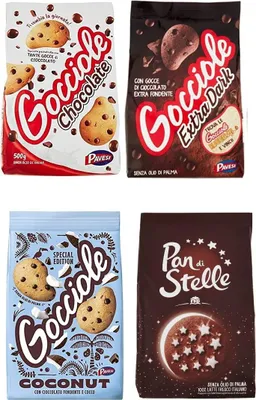 Produktbild von Pavesi Barilla Kekse Gocciole Testpaket Chocolate Dark Coconut biscuits + Mulino Bianco Pan di stelle 350g