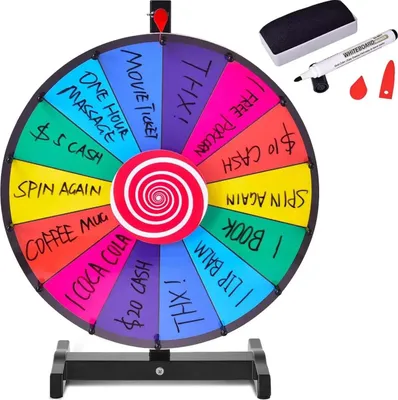 Produktbild von Glücksrad - Preisrad/Spielrad - Für Lotterie & Wortspiele - Mit Marker & Schwamm - Kindergeeignet - Mehrfarbig