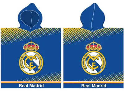 Imagen del producto de Carbotex, poncho infantil, 55x110 cm, Real Madrid, modelo 4176, color azul con lunares amarillos, con capucha, tipo toalla