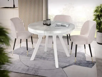 Produktbild von Designer Runder Ausziehbarer Esstisch - Loft-Stil, Industriell, Platzsparend - Weiße Beine - 100 bis 200 cm - für 5-10 Personen - Hergestellt in Polen - Beton Grau - 200 cm