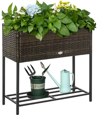 Produktbild von Outsunny Poly Rattan Hochbeet Blumenkasten mit Füßen Rattan Blumenkasten Blumentopf mit Ablage Braun 70 x 30 x 70 cm