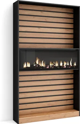 A modern electric fireplace integrated into a shelving unit with a wood-look finish.