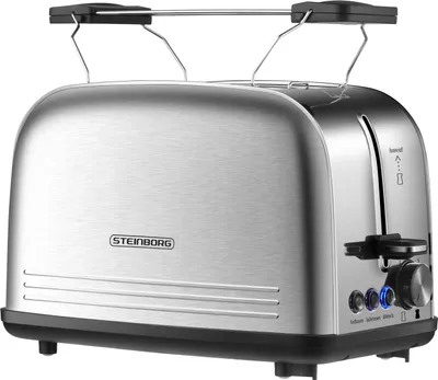 A stainless steel toaster with a bun warmer on top, shown from a front-diagonal angle against a white background.