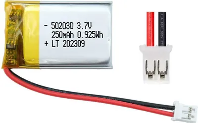 A small lithium polymer battery with wires and a connector.