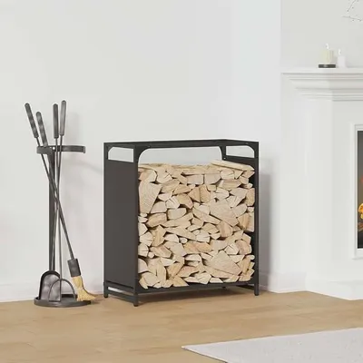 Produktbild von Brennholzregal aus kaltgewalztem Stahl Schwarz 60 x 28 x 65 cm für Kaminholz Aufbewahrung, stabiler Holzstapler für Wohnzimmer und Garten, bis 60 kg
