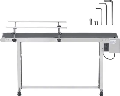 A conveyor belt system with adjustable rails and a control box.