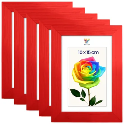 Produktbild von MG Design 5er Set Bilderrahmen Rot A6 10x15 cm - Echtholzrahmen mit Acrylglas, hoch/quer, zum Aufhängen & Aufstellen