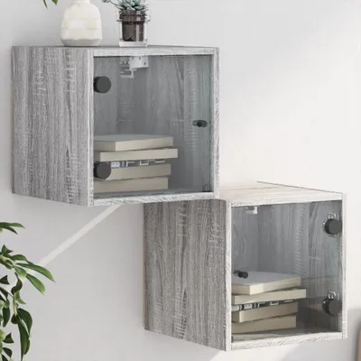 Produktbild von vidaXL Nachttische mit Glastüren 2 Stk. Grau Sonoma 35x37x35 cm